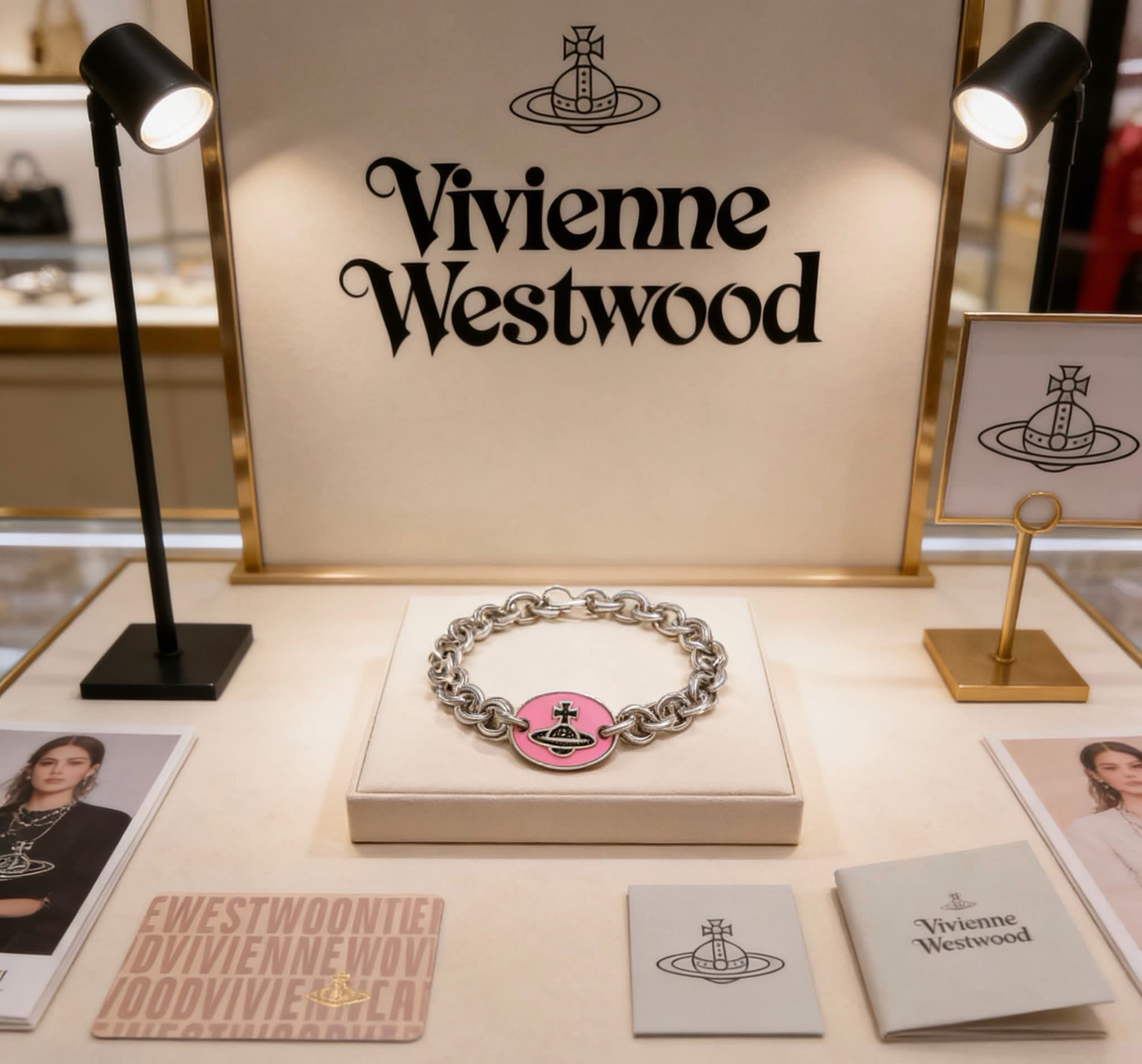 Vivienne Westwood Silver Bracelet with Pink Logo Charm